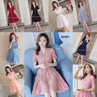 SS2878 Dress เดรส ลูกไม้ ลายกุหลาบ แขนสั้น กระโปรงจับจีบ