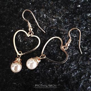 Korea Cute Pearl Gold Heart Earrings : ต่างหู ตุ้มหู เกาหลี หัวใจ สีทอง แต่ง มุก น่ารัก