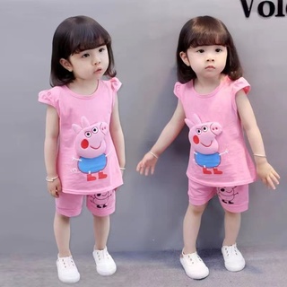 ชุดเสื้อแขนสั้น กางเกงขาสั้น ลาย Peppa Pig สองชิ้น แฟชั่นฤดูร้อน สําหรับเด็กผู้หญิง