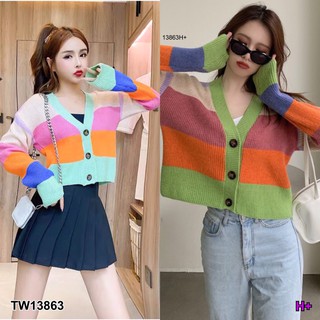 TwinsShopVip💗พร้อมส่ง TW13863 เสื้อไหมพรมแขนยาวสลับสี