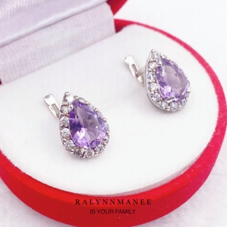 Q6410 ต่างหูพลอยอเมทิสต์แท้ ( Amethyst ) แบบอิงลิชล็อค ตัวเรือนเงินแท้ ชุบทองคำขาว