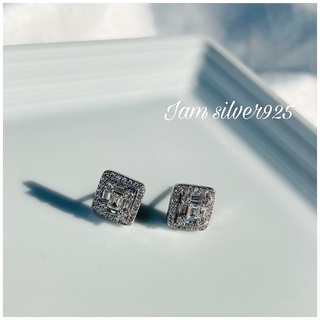 iam silver925ต่างหูเรือนเงินแท้ชุบทองคำขาว สี่เหลี่ยมจัตุรัสล้อมเพชร ฝังเพชรcz/Cubic Zirconia