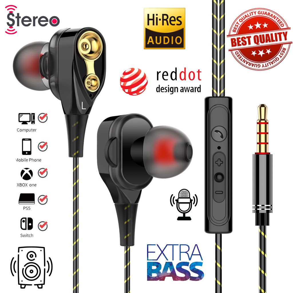 ควอดคอร์ หูฟังพร้อมไมโครโฟน หูฟังชนิดใส่ในหู 9D HiFi BASS การควบคุมสายไฟ หูฟังแบบมีสาย ชุดหูฟังพกพา 3.5 มม. หูฟังสเตอริโ