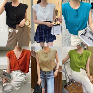 Cicishop(2544)เสื้อครอปแขนกุดกระดุมผ่ากลาง ผ้าknitนิ่มมาก ทรงสวยใส่แมทช์ง่าย