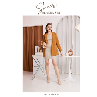 Shinori Blazer Set - เซตสูท 3 ชิ้น เสื้อสูท+เสื้อครอบ+กระโปรง ลายชิโนริ (น้ำตาล)