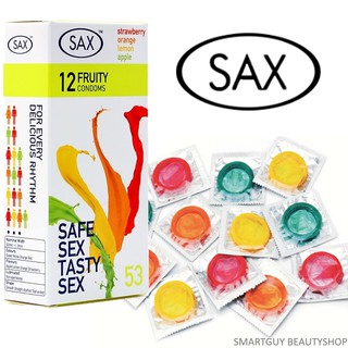 Sax Fruity Condoms Size 53mm (Box x 12 Condoms) ถุงยางอนามัยคละกลิ่นผลไม้ สินค้านำเข้าจากต่างประเทศ