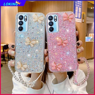 เคสโทรศัพท์มือถือนิ่ม ลายผีเสื้อ 3D แต่งกลิตเตอร์ พร้อมสายคล้องมือคริสตัล สําหรับ OPPO Reno 7 7Z Reno 6 6Pro 6Z Reno 5 5Pro 5F 5Z