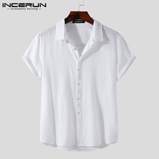 INCERUN Mens Breathable Casual Solid Color Short Sleeve Buttons Up Cotton Shirts