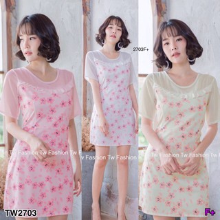 J2703 Dress เดรสลายดอกไม้ ตัดต่อช่วงบนผ้าชีฟองแขนสั้น