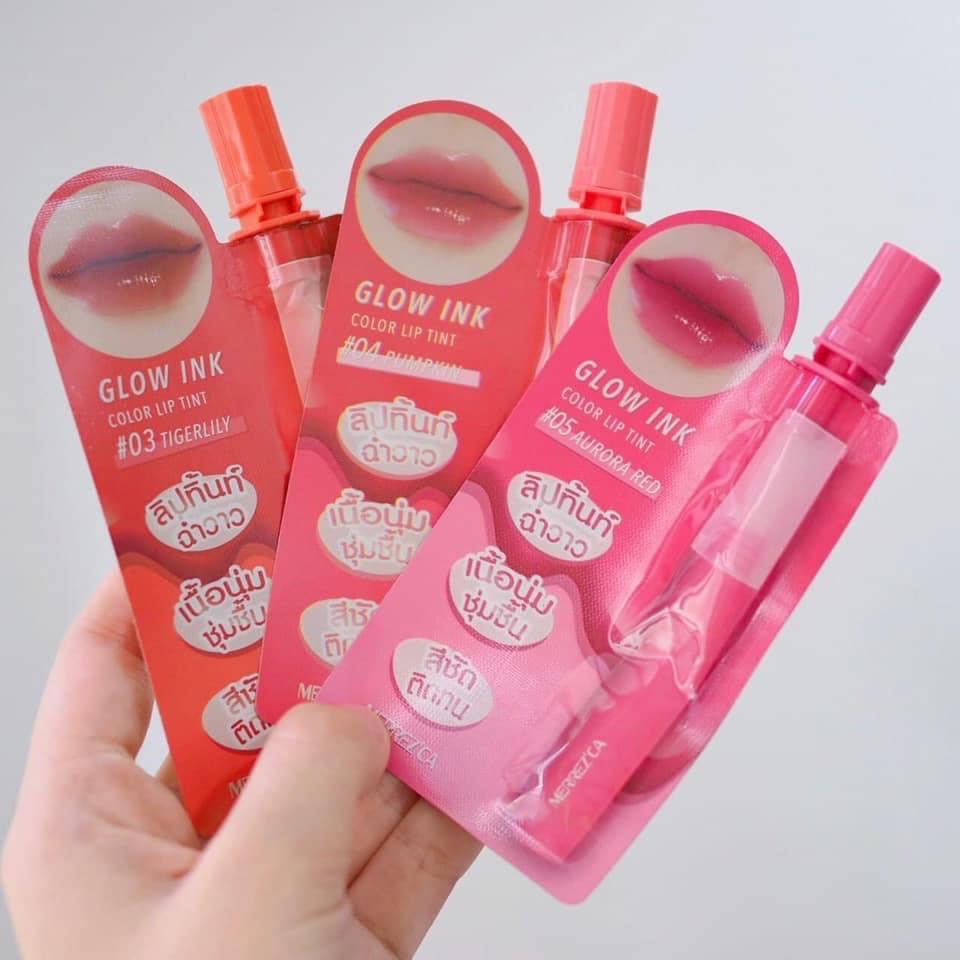 (1กล่อง 6 ซอง)ลิปซอง Merrezca go wink color lip tint มาด้วยกัน3 สี สีส้มอิฐ แดงตุ่น ชมพู  ลิปสติกแบบจุ่ม แบบซอง