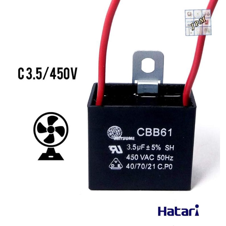 คาปาซิเตอร์พัดลม 3.5uf/450v ยี่ห้อมิตซูมิ สายสีแดง capacitor cap แคป ใช้กับพัดลมฮาตาริ และยี่ห้อทั้วไปได้