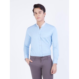 เสื่อเชิ้ตสีฟ้าคอจึนแขนยาวผ้าทวิต Monotone Shirt SB