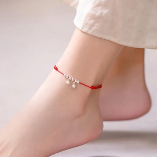 สร้อยข้อเท้ากระดิ่งเงินทอมือสีแดง ให้พร เชือกเท้าปลอดภัยAnklet