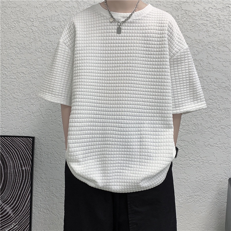 เสื้อยืดแขนสั้น ทรงหลวม ลายวาฟเฟิล แฟชั่นฤดูร้อน สไตล์เกาหลี สําหรับผู้ชาย