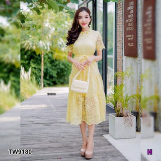 AT9180 เดรสลูกไม้ทรงปล่อยระบายผูกเอว