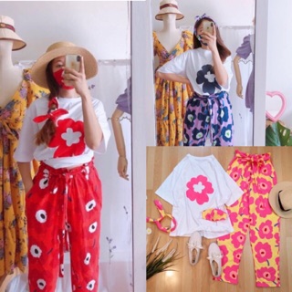 ชุดเซท‼️พร้อมส่ง Marimekko set 🌼  Set 4 ชิ้นคุ้มๆ  เสื้อค้อตตอนฟรีไซร์หนาพิมลาย + กางเกงเอวยืดได้จีบรอบมีกระเป๋า