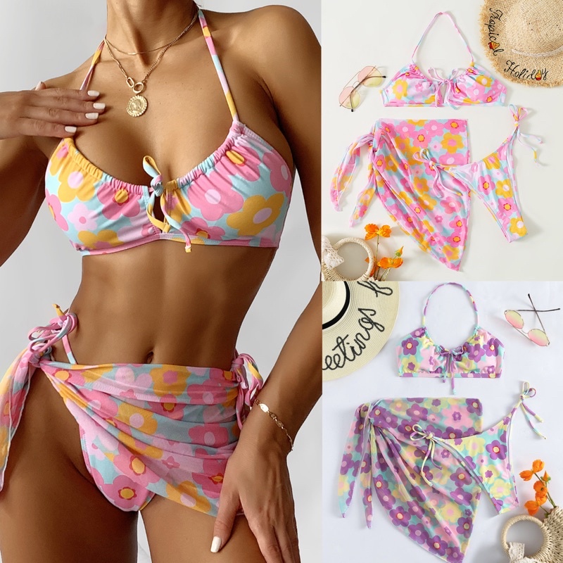 (พร้อมส่ง) Bikini set daisy 3ชิ้น บิกินี่ลายดอกน่ารัก มัดโบว์อก พร้อมผ้าคุลม สายฝอ