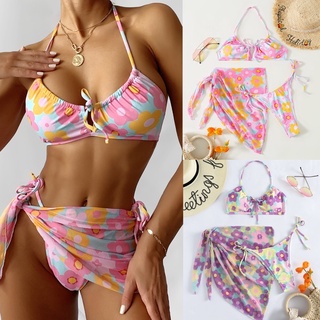 (พร้อมส่ง) Bikini set daisy 3ชิ้น💐 บิกินี่ลายดอกน่ารัก มัดโบว์อก พร้อมผ้าคุลม สายฝอ