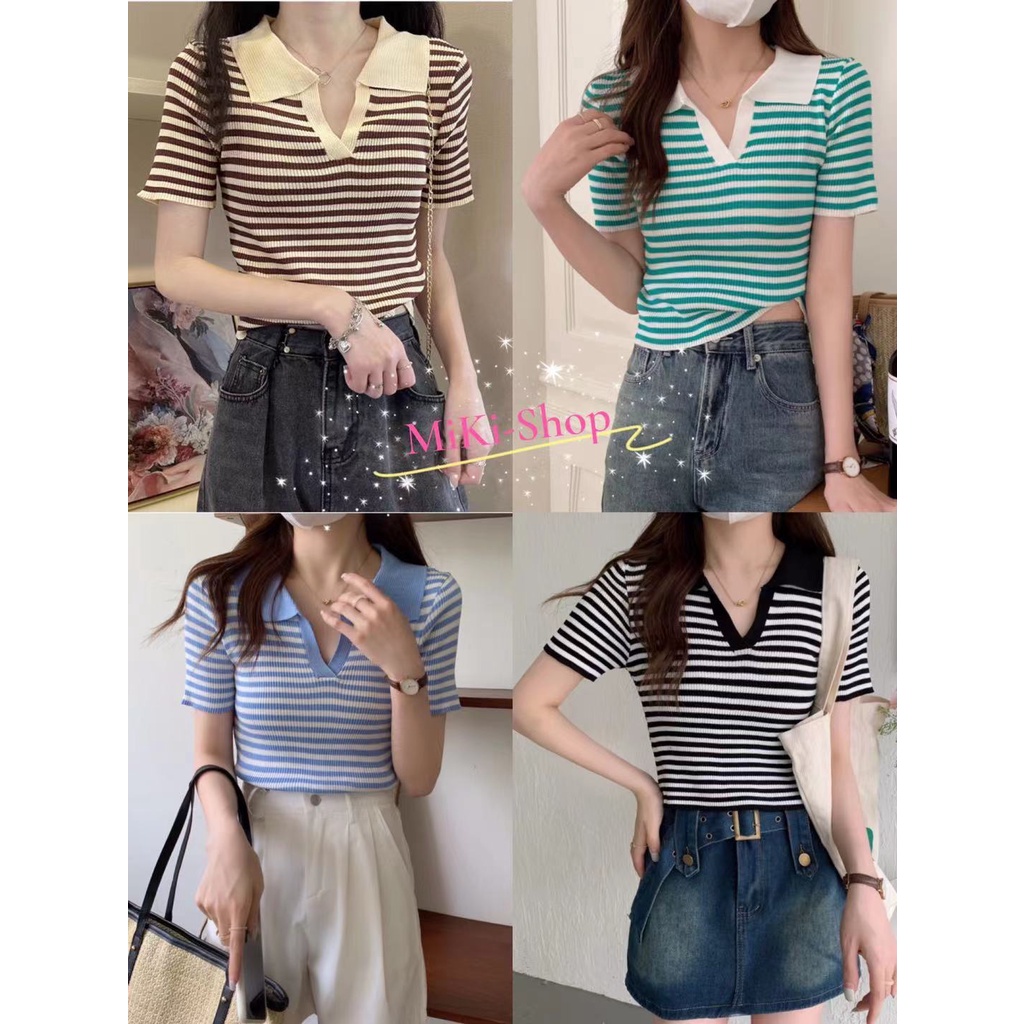 MiKi-Shop*พร้อมส่ง เสื้อไหมพรมแขนสั้นคอปกลาย strip ทรงฮิตแมทช์ได้กับทุกกางเกงC481*