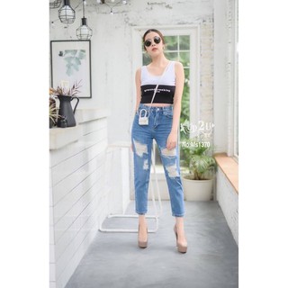 Mystyle jeansยีนส์ขายาว ทรงบอย ผ้าไม่ยืดแต่งขาดไซส์S,L MS1370