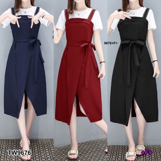 Set เสื้อทรงครอปแขนสั้น + เอี๊ยมเดรสกระโปรงไขว้หน้า + สายผูกเอว TT9676 Set: short sleeve crop top + bib dress, cross fro