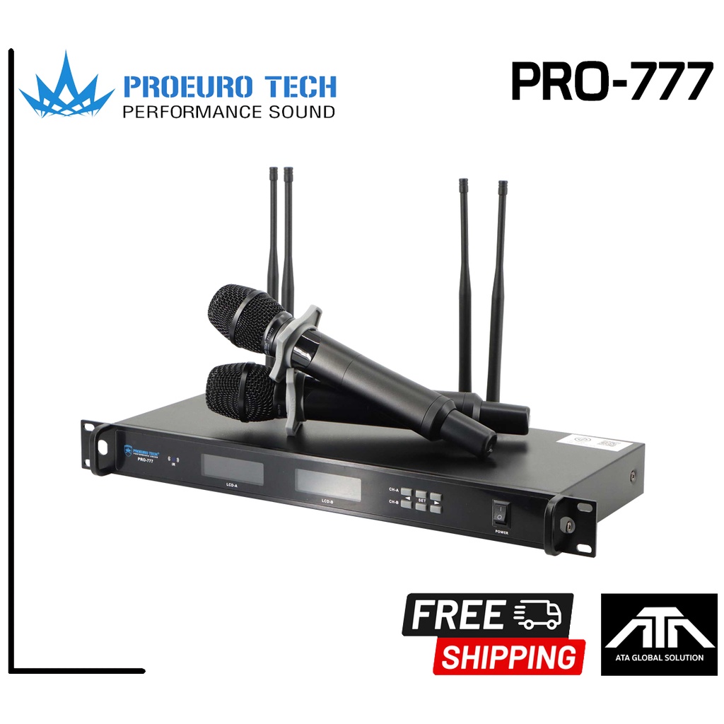 PROEUROTECH PRO-777 ไมค์ลอยมือถือคู่UHF ไมค์ลอยปรับความถี่ มี2ช่วงความถี่ โปรยูโรเทค 4เสารับสัญญาณ P