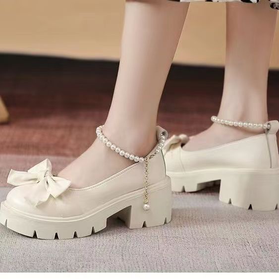 🔥พร้อมส่ง🔥รองเท้าแมรี่เจนผู้หญิงสไตล์เกาหลี รองเท้าหนังผู้หญิง ตกแต่งโซ่มุก