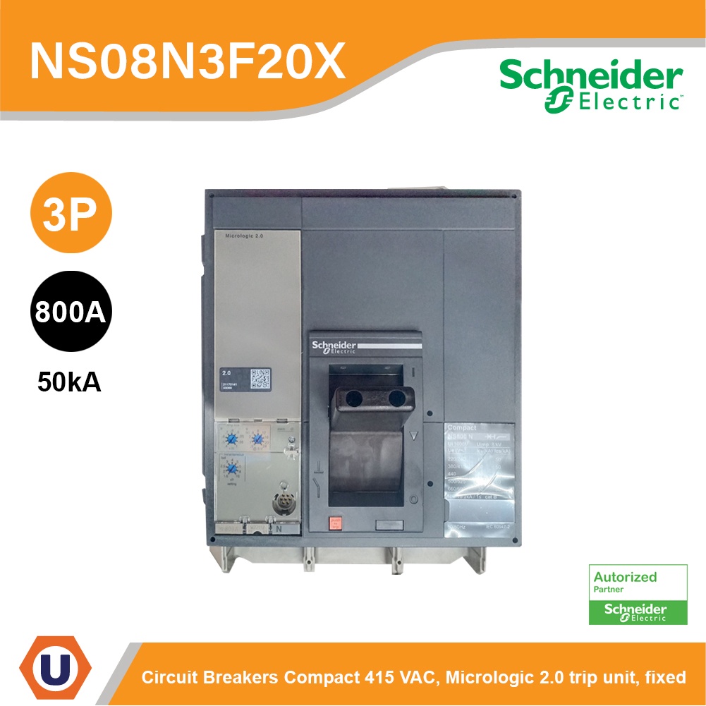Schneider Electric NS08N3F20X circuit breaker ComPact, 50 kA at 415 VAC, Micrologic 2.0 trip unit, 8
