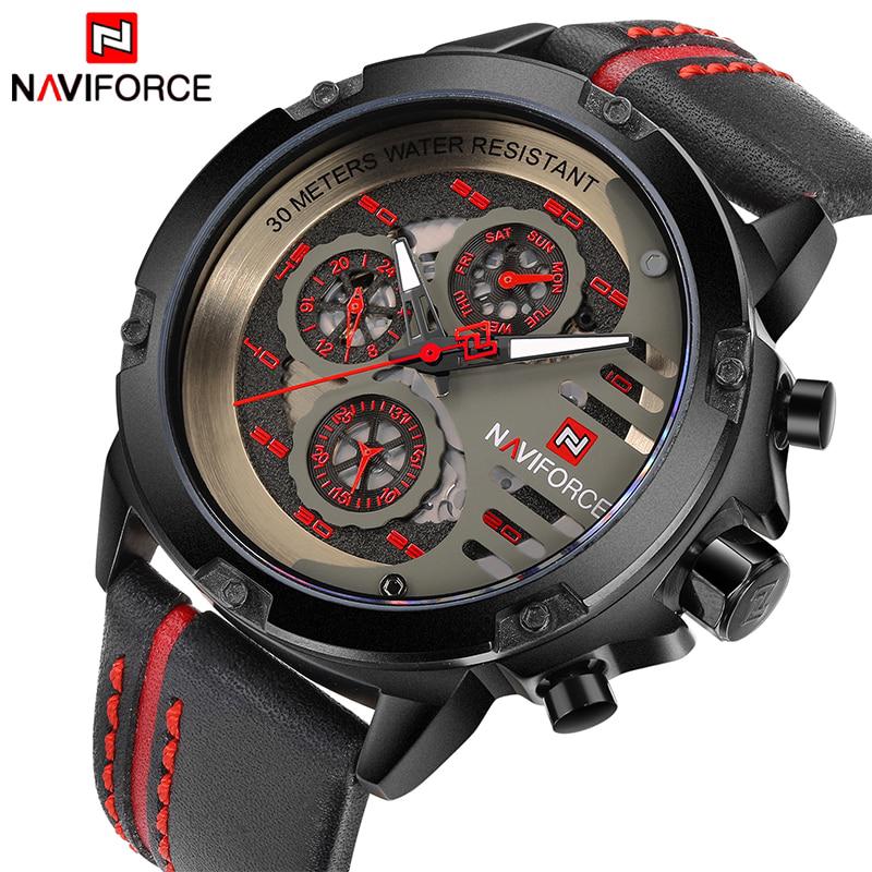 NAVIFORCE แบรนด์หรูกีฬาผู้ชายนาฬิกาผู้ชายหนังควอตซ์กันน้ำวันที่นาฬิกาผู้ชายทหารนาฬิกาข้อมือ