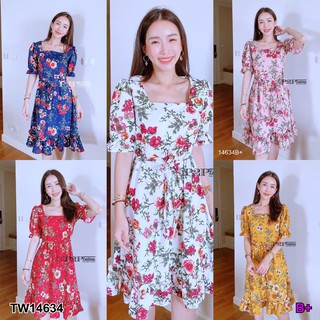 J14634 Dress เดรส คอเหลี่ยม แขนตุ๊กตา ลายดอก