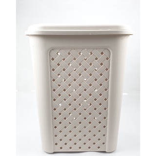 GhouseOnline ตะกร้าผ้าพลาสติกทรงสูง มีฝาปิด  ขนาด 33.50x43.50x55 ซม.  DYS042 สีครีม