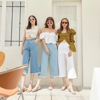 Sis story กางเกงยีนส์ เอวสูง ขาบาน ห้าส่วน Sis501 Bella Culotte Jeans - Blue/ Lightblue/ WHite