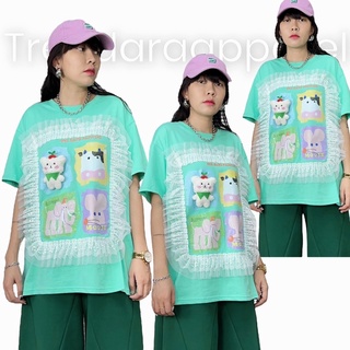 เสื้อยืด oversized  ปักลูกไม้ สกรีนลายสวย korea style code:2915เขียวมิ้นต์