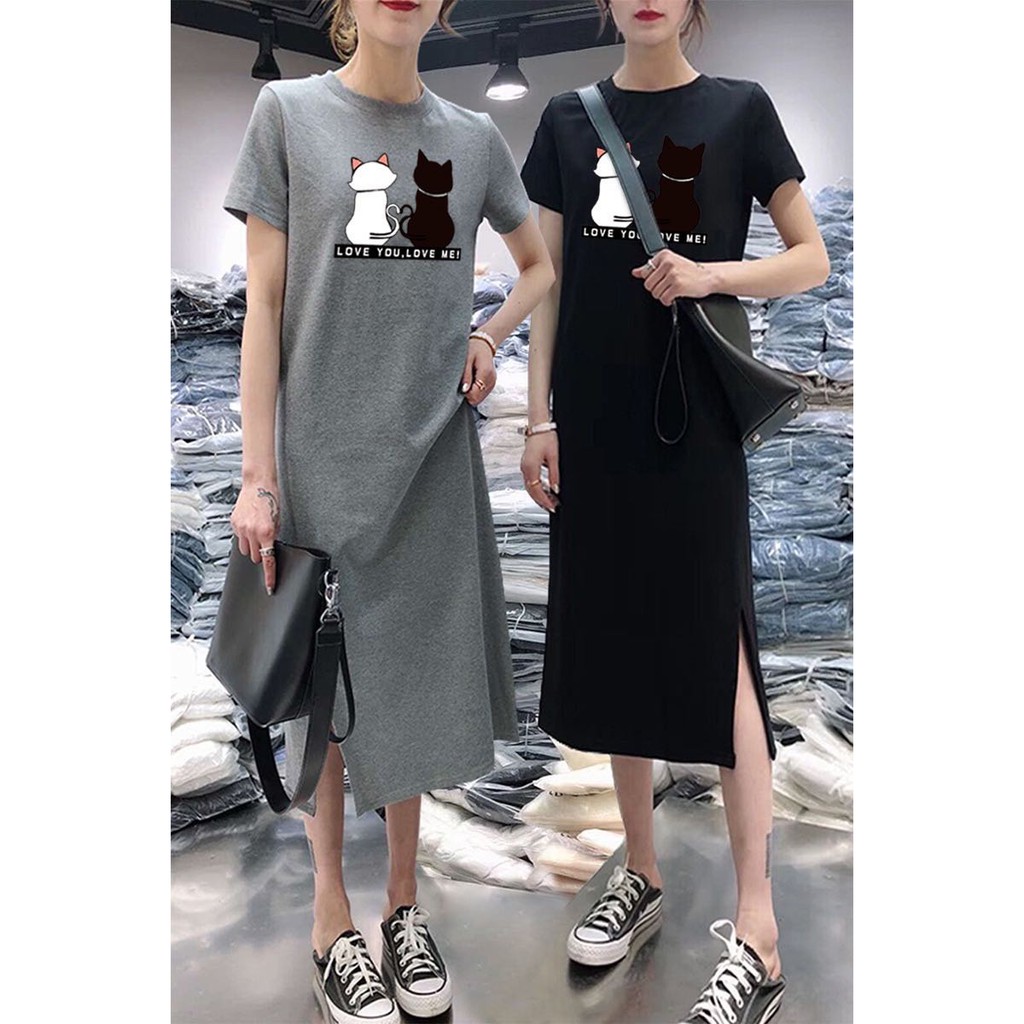 เดรสยาวเสื้อยืดแฟชั่นผู้หญิงสไตล์เกาหลี คอกลมแขนสั้น เนื้อผ้ายืดหยุ่นดี กระโปรงเสื้อยืดทรงสวย แนวหวานสดวัยรุ่นน่ารัก