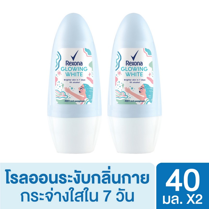 เรโซน่า โรลออน โกลวอิ้งไบรท์  หอมอ่อนๆจากดอกไม้ 40 มล. x2 Rexona Roll on Glowing Bright 0% Alcohol 40 ml. x2