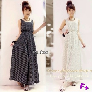 ราคา280 บาท   Maxi Dress แมกซี่เดรสตัวยาวแขนกุด เนื้อผ้าชีฟองพิมพ์ลายจุด เนื้อผ้าเบาใส่สบาย มีซับในอ