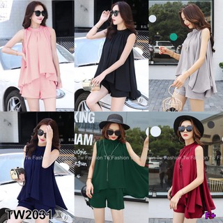 TW2031 Set 2 ชิ้น เสื้อแขนกุดสีพื้น หน้าสั้น-หลังยาว+กางเกงขาสั้น