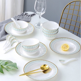  Tableware ชุดจานชามเซรามิค เนื้อโบนไชน่า ชุดจานชาม จานชามเซรามิค  แต่งลายเขียวขีดขอบทอง สไตล์ยุโรป 22/ชุด