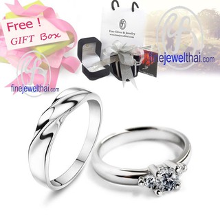 Finejewelthai-แหวนคู่-แหวนเงิน-เงินแท้ 925-แหวนหมั้น-แหวนเพชร-Couple-Diamond Cz-silver-wedding-ring - Gift_set41