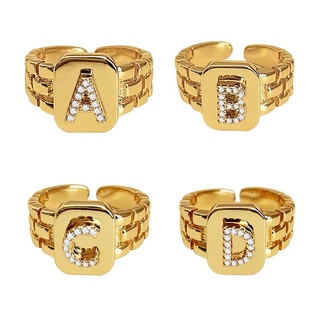 แหวนตัวอักษรฝังเพชร26 26Letter Ringลายสายเข็มขัดงานชุบทอง14K