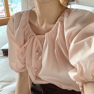 💥 Fairy 💥 เสื้อเชิ๊ต แขนตุ๊กตา ทรงหลวมแต่งกระดุม สีพื้นชมพูอมส้ม น่ารัก สไตล์เกาหลี #8102