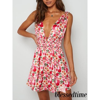 BLESSEDTIME-Women Mini Dress Sleeveless V Neck Backless Flower Print Summer Club Party Dress