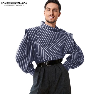 Incerun เสื้อเชิ้ตสําหรับผู้ชายแขนยาวลาย Patchwork ทรงคอสูง