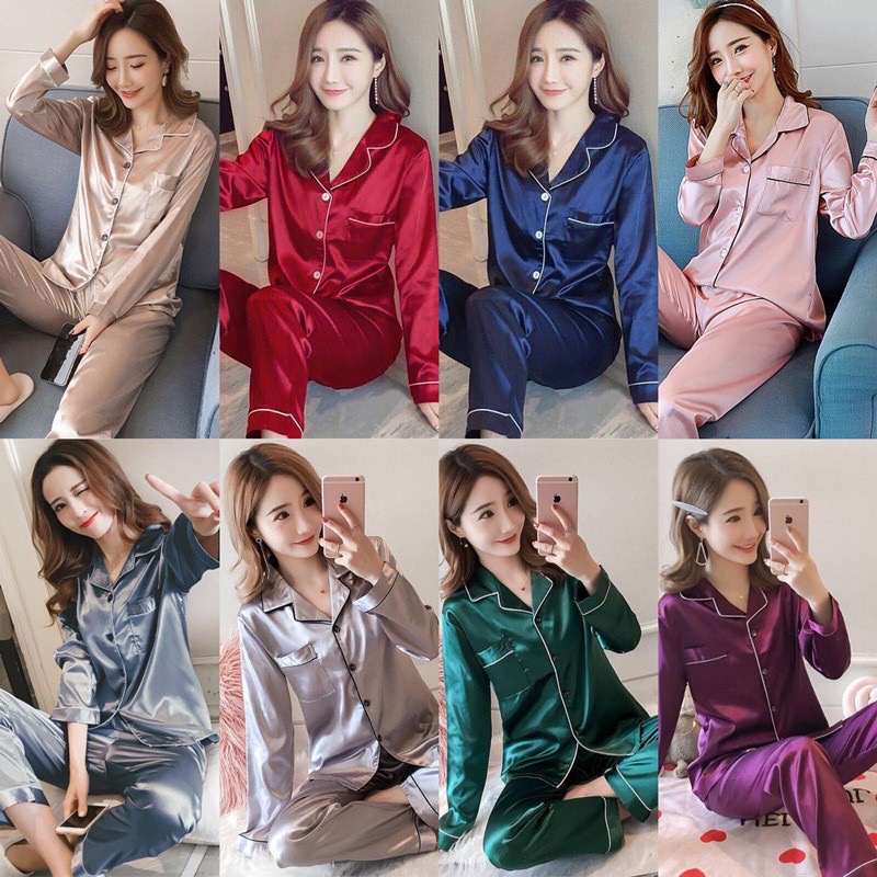 B112 Beyou fashions ชุดนอนซาตินขายาว สีพื้น ชาย-หญิง M-2XL มี 10 สี