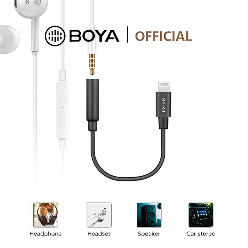 BOYA BY-K3 อะแดปเตอร์เสียง TRRS (ตัวเมีย) เป็น Lightning MFi 3.5 มม. สําหรับอุปกรณ์ Lightning หูฟัง