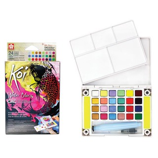 สีน้ำตลับ+พู่กัน Koi water colors pocket 24 สี (สีเมทัลลิค+สีเรืองแสง)