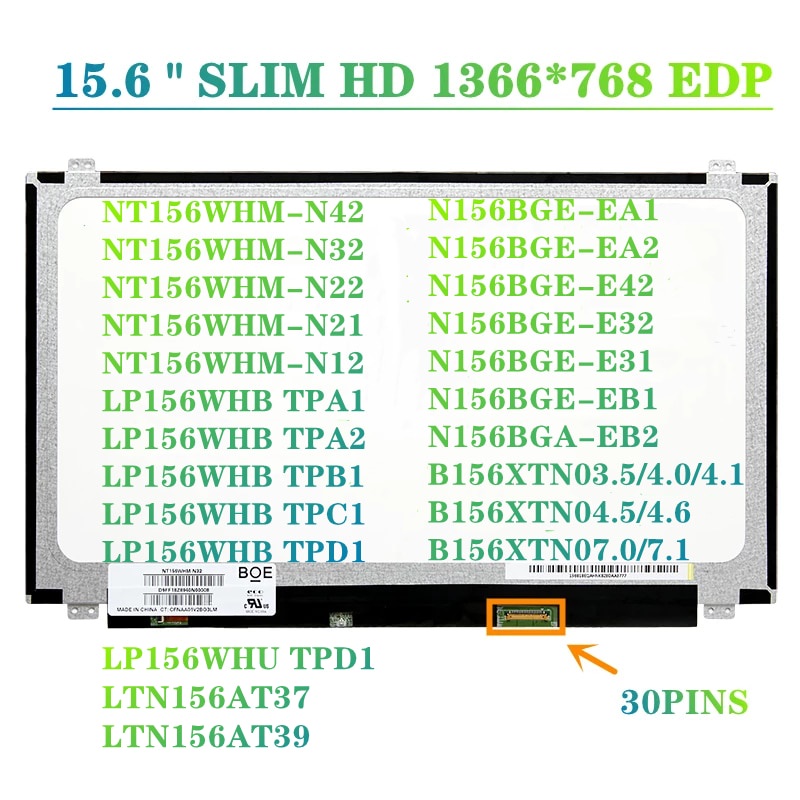 15.6 Slim 30Pin Matrix หน้าจอ LCD จอแสดงผล LED 156XTN07.1 N156BGA-EB2 NT156WHM-N32 NT156WHM-N42 B156