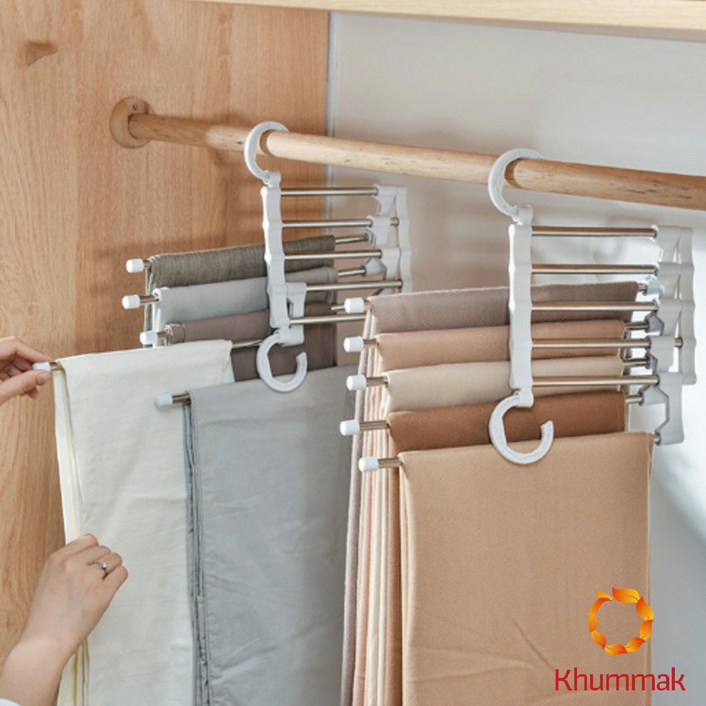 Khummak สแตนเลส ที่แขวนกางเกง ที่เก็บของในตู้เสื้อผ้า Foldable stretch pants rack