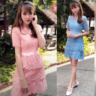 เดรสลูกไม้สั้นสีฟ้า!!! M-L Mini Dress เดรสลูกไม้สีชมพูแขนสั้นกระโปรงระบายชั้นๆ งานป้าย Love Love