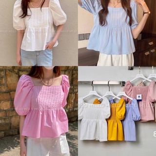 Hello Shop : เสื้อแขนพองคอเหลี่ยมแต่งจีบและเก็บทรงด้านหน้า